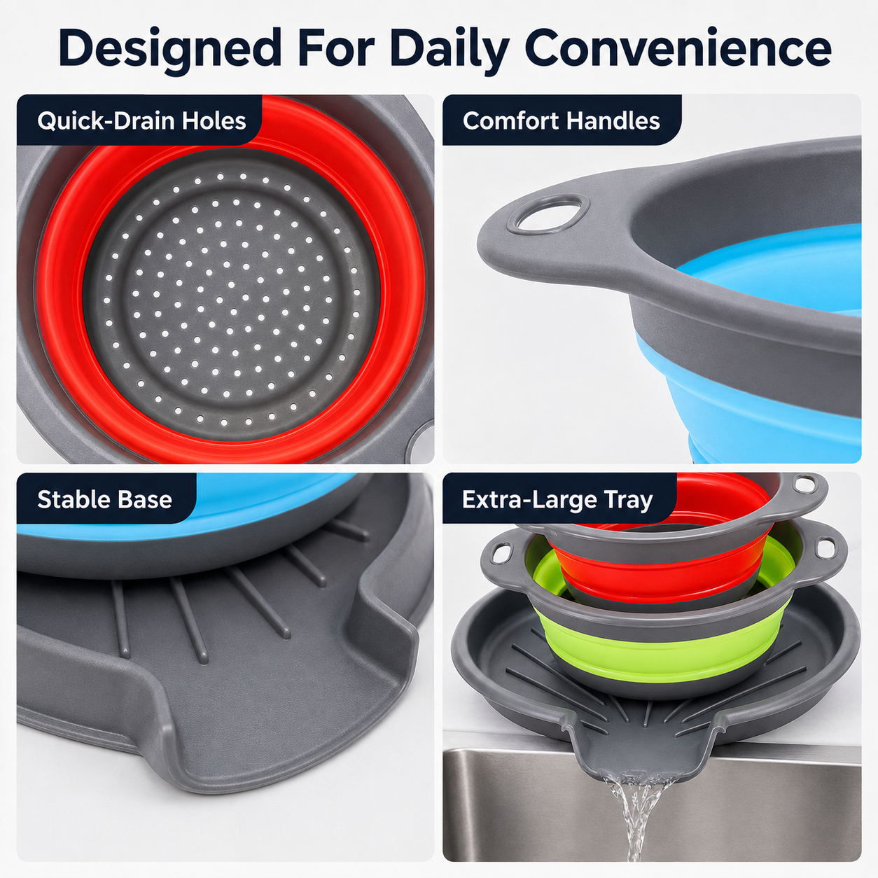 ๐ฅ 3-Piece Collapsible Colander Set โ Space-Saving Strainers with Draining Base