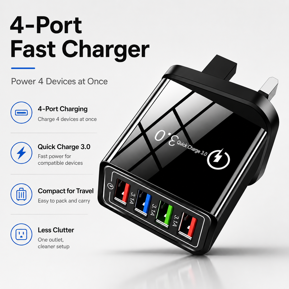 ⚡ 4-Port Quick Charge 3.0 Charger – Power 4 Devices Fast, All from One Outlet