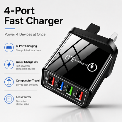 ⚡ 4-Port Quick Charge 3.0 Charger – Power 4 Devices Fast, All from One Outlet