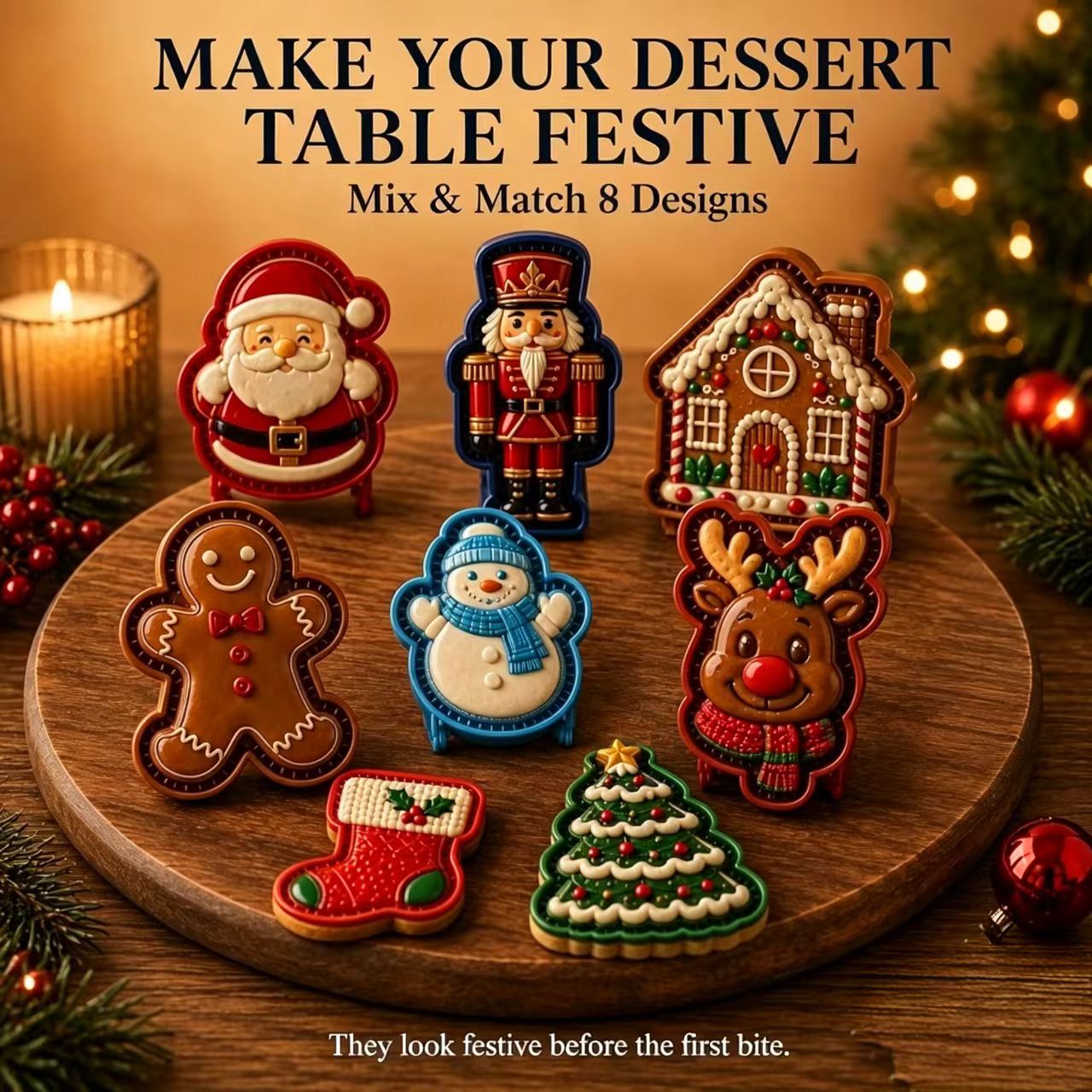 🎄8-Design Christmas Mini Pie Mold Collection | Reusable Embossed Molds for Shaping Detailed Santa, Snowman, Reindeer, Tree & Holiday Pies