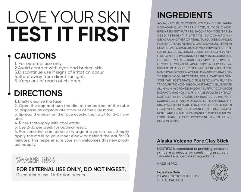 Alaska Volcano Pore Clay Stick Cleansing Blackhead Remover Face Mask Stick with Natural Clay Gentle Exfoliating Smoothing Skin Non-Drying Skincare