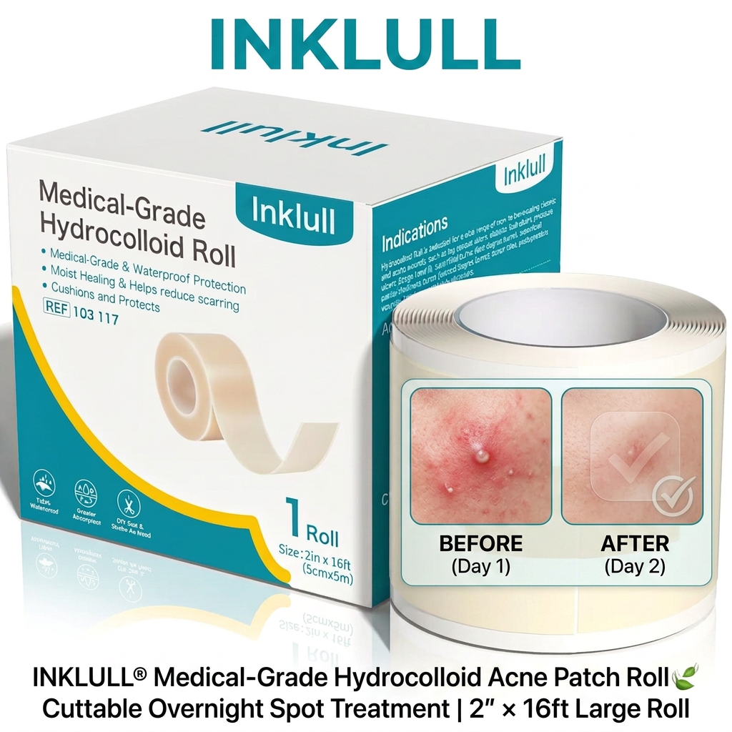 INKLULL® Medical-Grade Hydrocolloid Acne Patch Roll🌿 | Cuttable Overnight Spot Treatment | 2" × 16ft Large Roll