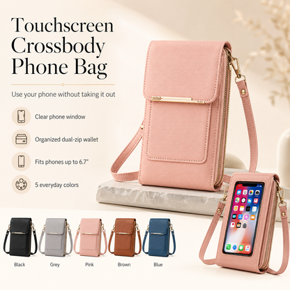 Touchscreen Crossbody Phone Bag – Use Your Phone Through the Clear Window, 3 Card Slots & Dual-Zipper Secure Storage