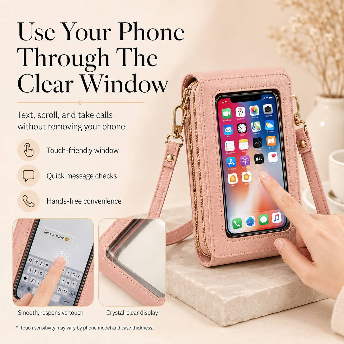 Touchscreen Crossbody Phone Bag – Use Your Phone Through the Clear Window, 3 Card Slots & Dual-Zipper Secure Storage