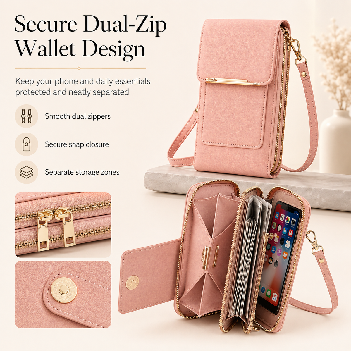Touchscreen Crossbody Phone Bag – Use Your Phone Through the Clear Window, 3 Card Slots & Dual-Zipper Secure Storage