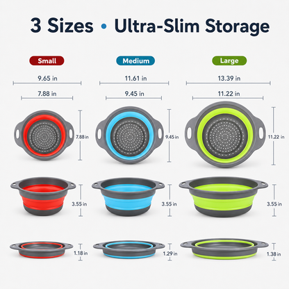 🥗 3-Piece Collapsible Colander Set – Space-Saving Strainers with Draining Base