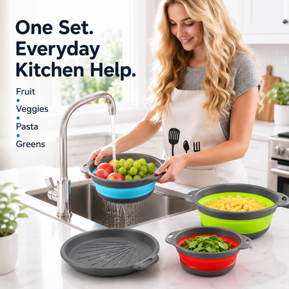 🥗 3-Piece Collapsible Colander Set – Space-Saving Strainers with Draining Base