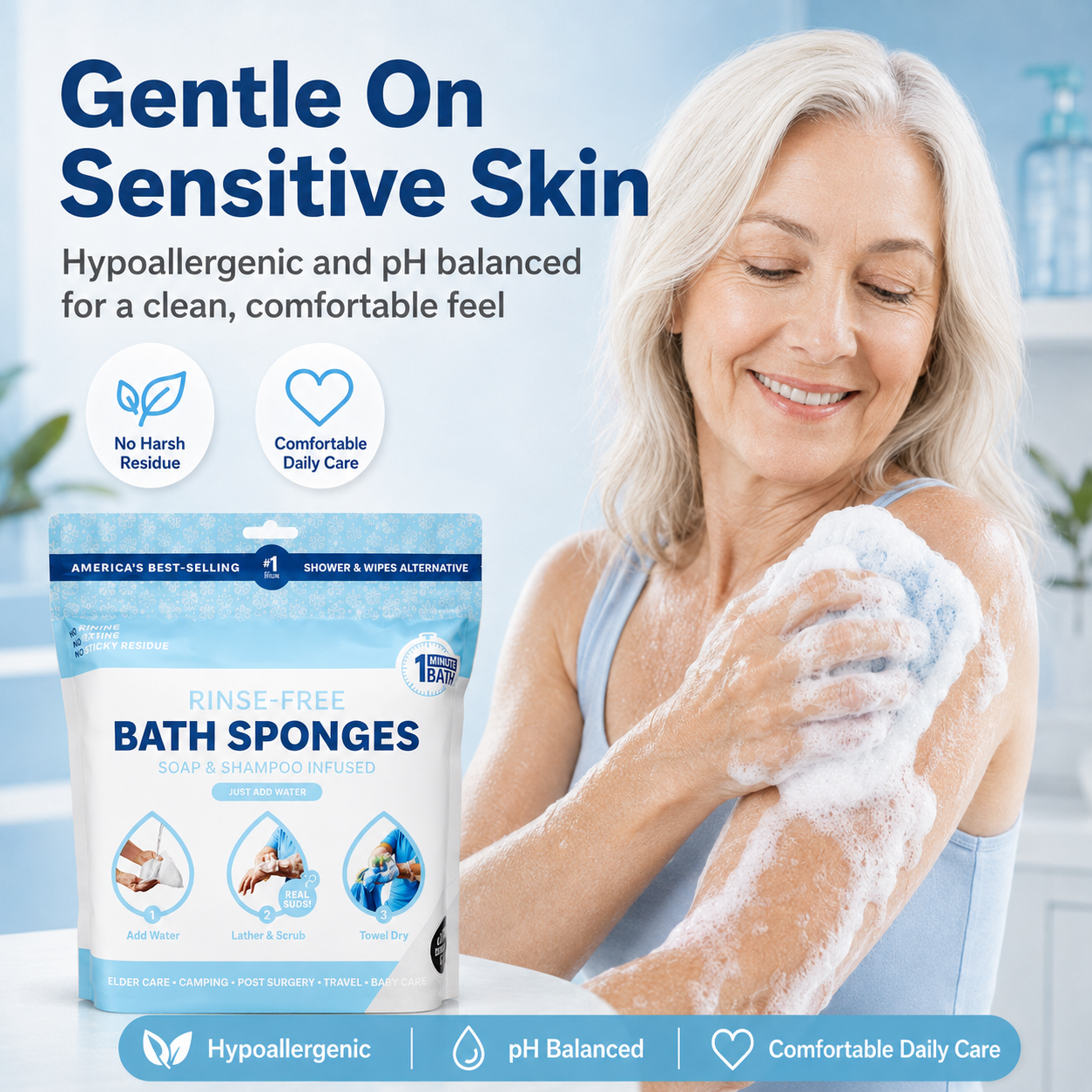 🚿 Rinse-Free Shower Wipes – Soap & Shampoo Infused, pH-Balanced for Elderly, Gym, Camping & Travel