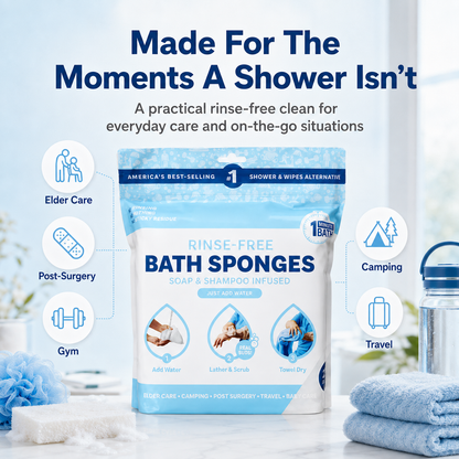 🚿 Rinse-Free Shower Wipes – Soap & Shampoo Infused, pH-Balanced for Elderly, Gym, Camping & Travel