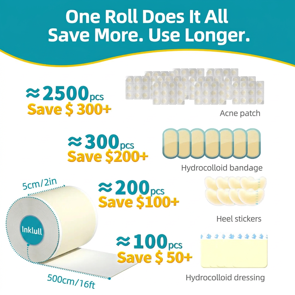 INKLULL® Medical-Grade Hydrocolloid Acne Patch Roll🌿 | Cuttable Overnight Spot Treatment | 2" × 16ft Large Roll